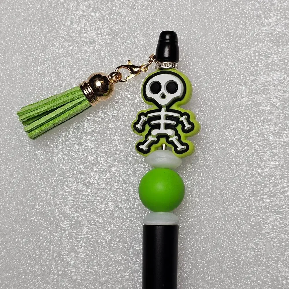 8 Halloween Beaded Ink Pens With Tassel Charm Silicone Beads Refills Included